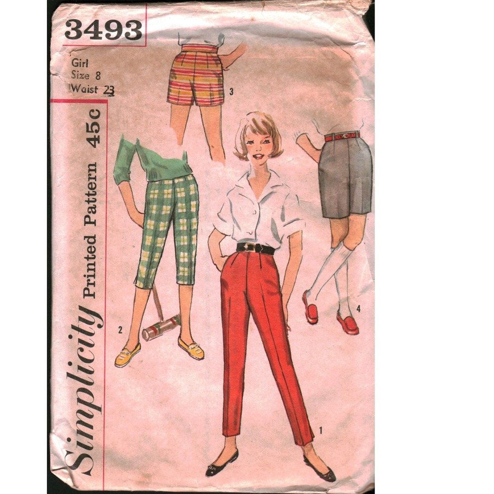 Vintage Simplicity 3493 Girls Pants Pedal Pushers Shorts Sewing Pattern Size 8